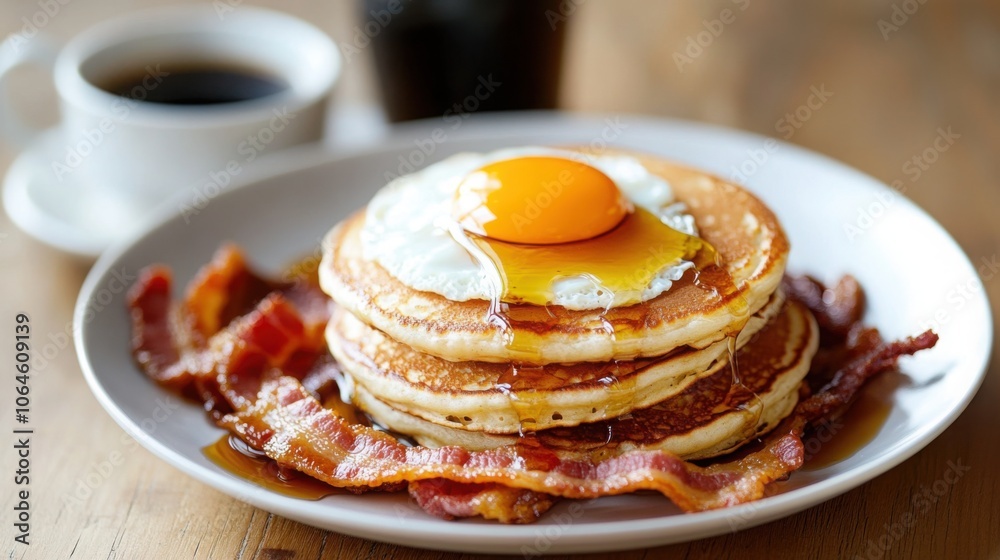 American breakfast spread with pancakes, scrambled eggs, crispy bacon, and maple syrup, served with coffee American breakfast spread with pancakes, scrambled eggs, crispy bacon, and maple syrup, served with coffee