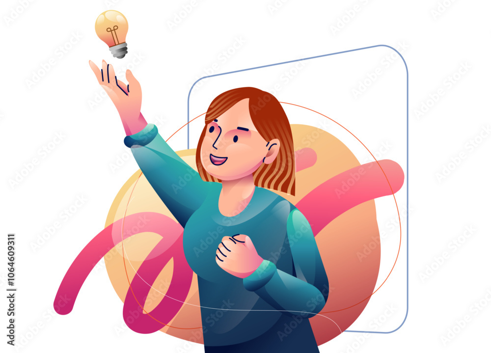 A woman finding Idea illustrations. finding solution, thinking, sharing offers, lightbulbs. Creativity, creation process