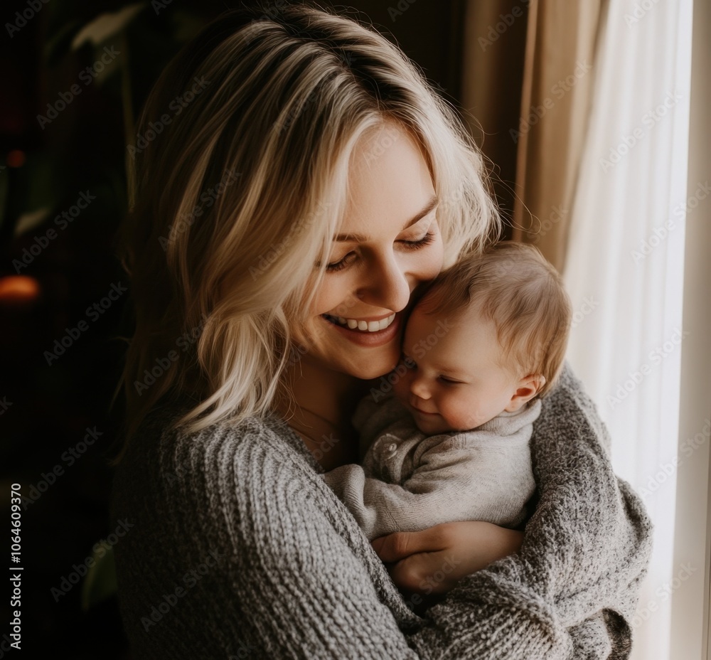 beautiful blonde woman with shoulder-length hair holding her newborn baby in front of an office window, smiling and looking down at it lovingly beautiful blonde woman with shoulder-length hair holding her newborn baby in front of an office window, smiling and looking down at it lovingly