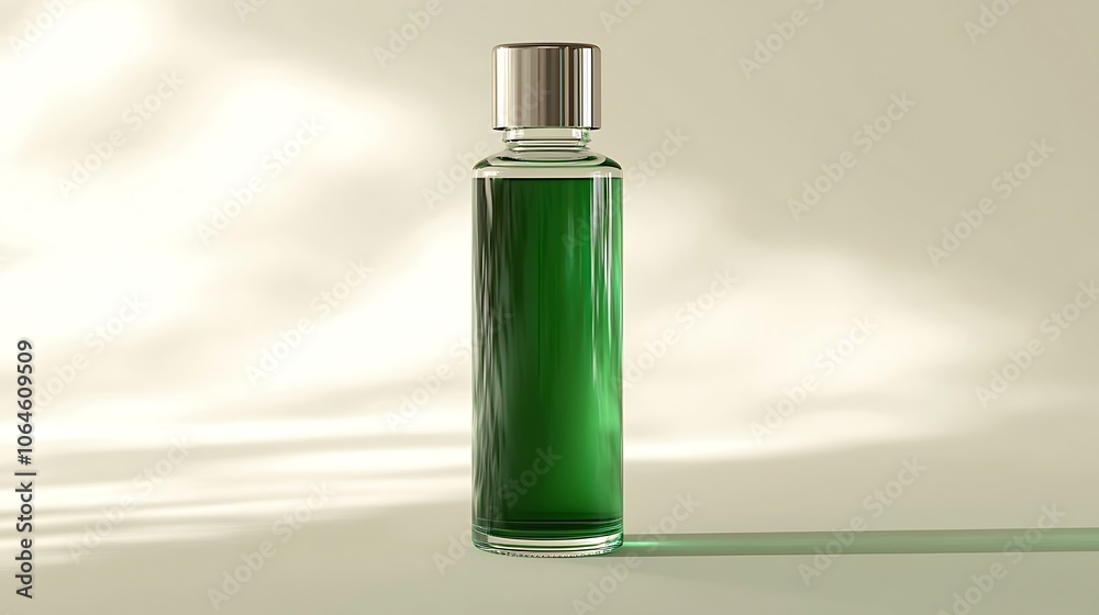 Green Glass Bottle with Silver Cap: A sleek, cylindrical green glass bottle with a silver cap stands on a soft white background, bathed in warm, natural light. Green Glass Bottle with Silver Cap: A sleek, cylindrical green glass bottle with a silver cap stands on a soft white background, bathed in warm, natural light.