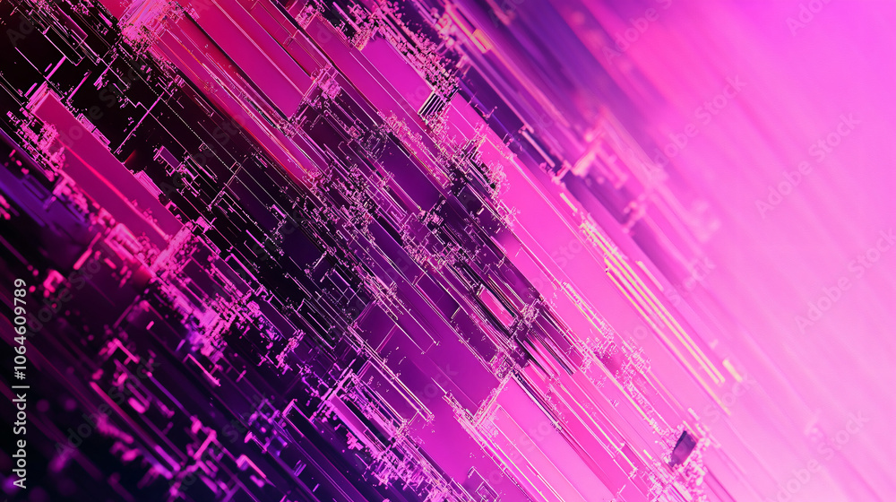  A background with digital glitch effects in shades of purple and pink. 
