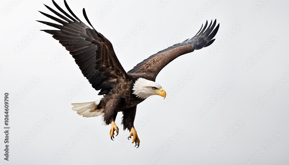 Fototapeta premium A bald eagle (haliaeetus leucocephalus) is flying on clean grey background. Suitable for marketing or business purposes