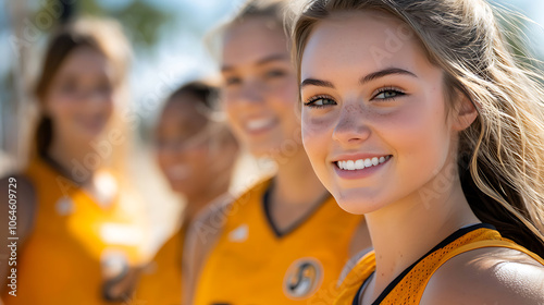 Volleyball team strategizes midgame with intense focus and team spirit photo