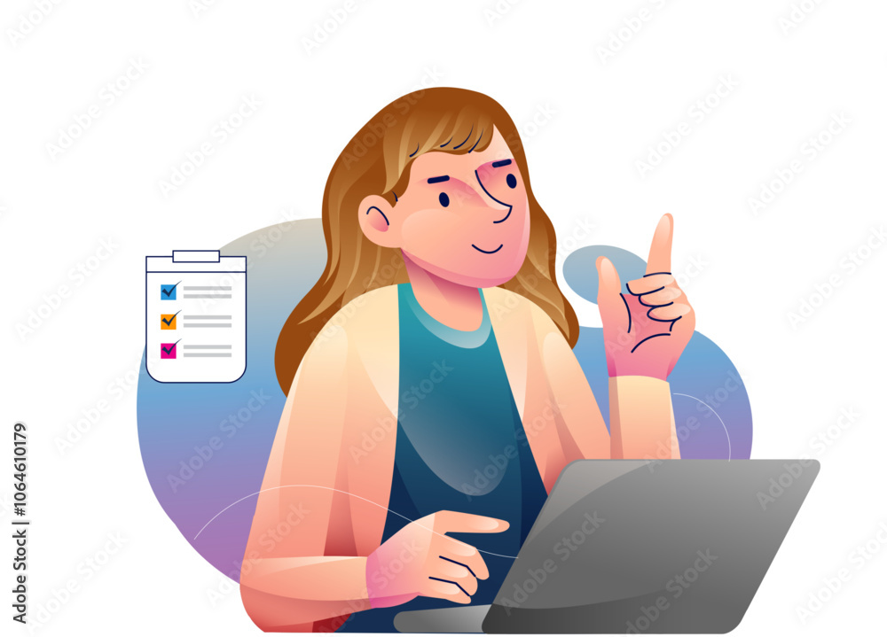 A woman finding Idea illustrations. finding solution, thinking, sharing offers, lightbulbs. Creativity, creation process.