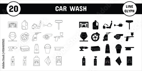 Car Wash Line Glyph Vector Illustration Icon Sticker Set Design Materials