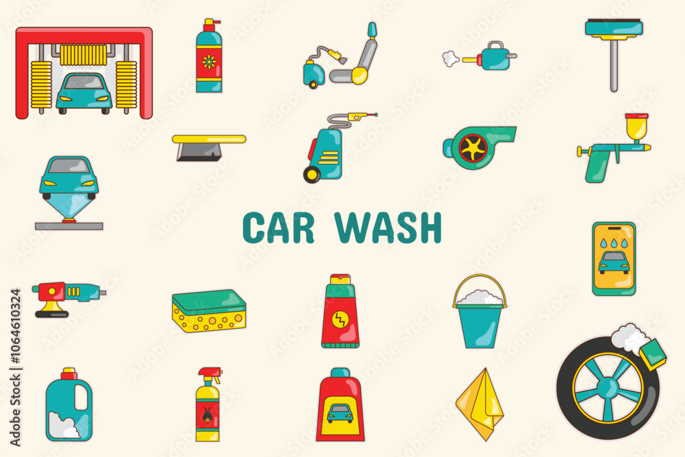 Obraz premium Car Wash Lineal Color Vector Illustration Icon Sticker Set Design Materials