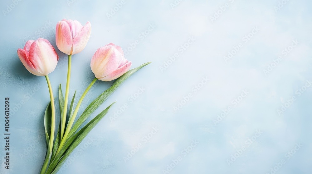 Fototapeta premium Two pink tulips in bloom against a tranquil blue background, study in floral elegance and springtime beauty