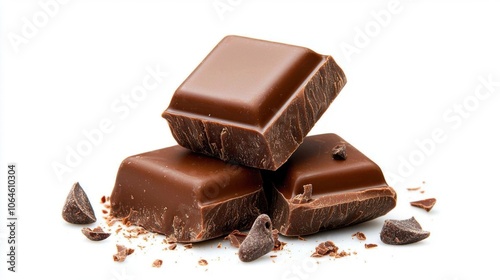 A photostock of melted chocolate dripping on a white background, rich and decadent.