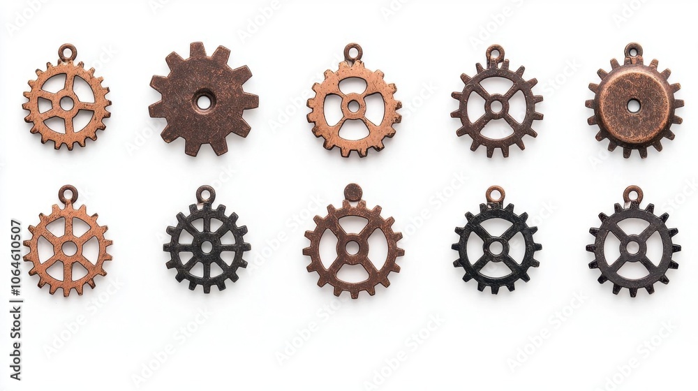 A photostock of metal cogs and gears on a white background, industrial and detailed. A photostock of metal cogs and gears on a white background, industrial and detailed.