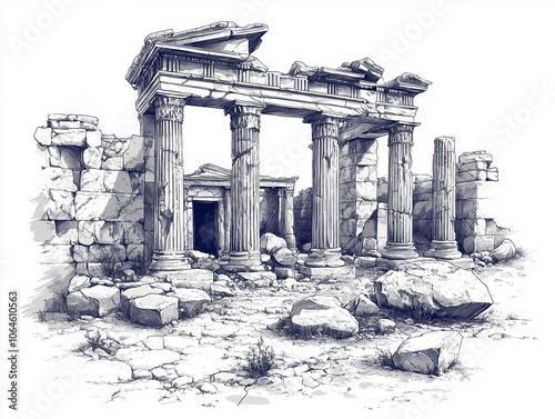 Roman architectural ruins, including crumbling columns, arches, and temples. Hand draw sketch illustration isolated on white background