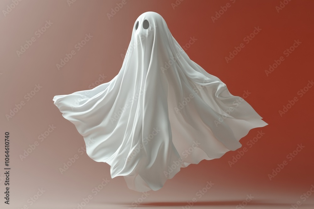 A floating ghost figure in a minimalist setting with a warm background during twilight A floating ghost figure in a minimalist setting with a warm background during twilight