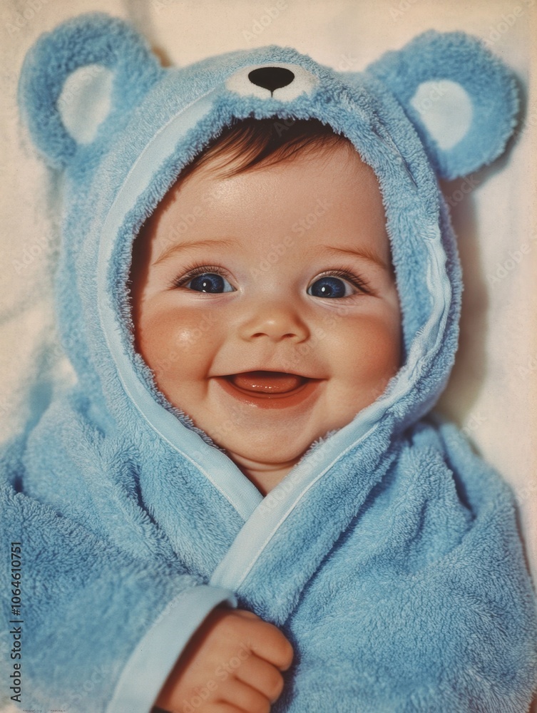 adorable smiling caucasian newborn baby boy with blue eyes wearing a blue onesie and hooded robe with teddy bear ears. A large, high-resolution photo of a happy child adorable smiling caucasian newborn baby boy with blue eyes wearing a blue onesie and hooded robe with teddy bear ears. A large, high-resolution photo of a happy child
