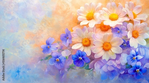 Expressive floral painting, a burst of colors on split blue and yellow background