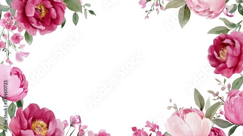 Watercolor floral frame with delicate pink peonies and lush green leaves for invitations stationery