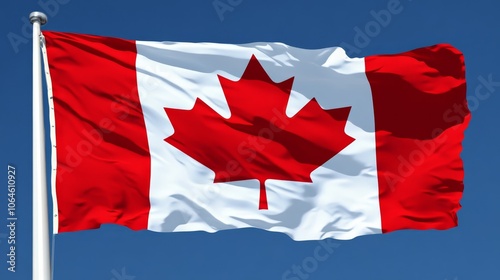 A vivid canadian flag flies in the gentle, refreshing breeze of clear sky majestic