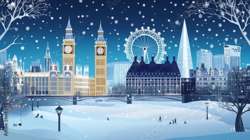 A beautiful illustration showing famous London landmarks in winter. The picture uses a paper cut style and is perfect for postcards or travel posters. photo