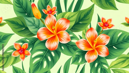 a pattern with large, vibrant tropical flowers and lush green leaves set on a bright pastel background, like mint green or soft pink