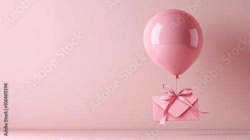 Pink balloon attached to a pink envelope with a ribbon on a pink background.