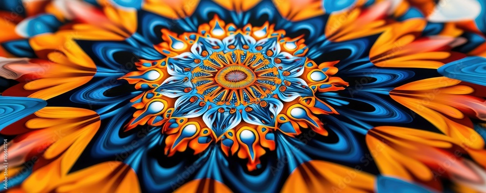 A vibrant mandala pattern filled with intricate designs in blue, orange, and yellow, creating a visually captivating symmetrical composition. A vibrant mandala pattern filled with intricate designs in blue, orange, and yellow, creating a visually captivating symmetrical composition.