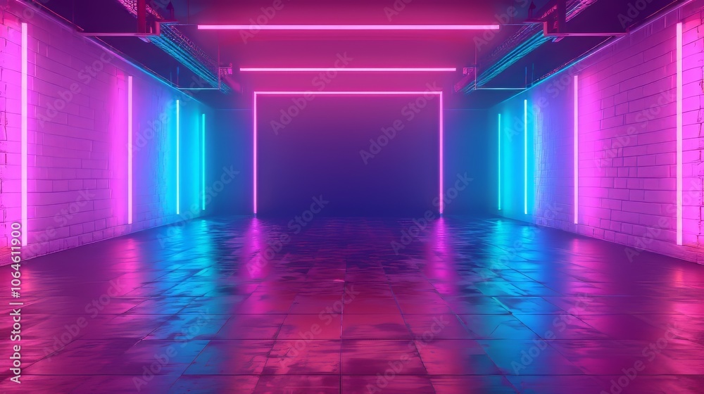 Futuristic corridor with vibrant neon pink and blue lights reflecting on sleek metallic surfaces