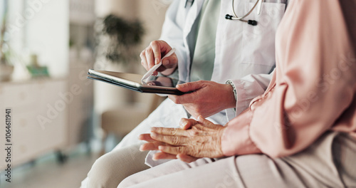 Konstfotografi Hands, patient and doctor with tablet, diagnosis and healthcare with neurosurgeon
