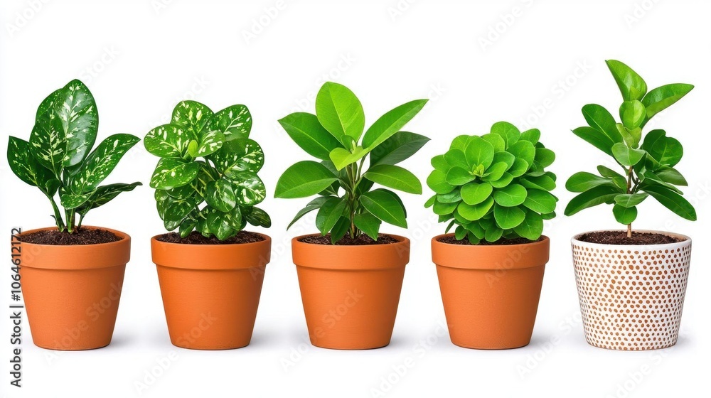 A photostock of potted plants on a white background, fresh and vibrant. A photostock of potted plants on a white background, fresh and vibrant.