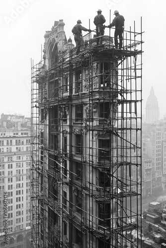 Workers set up scaffolding around a building for safety, following guidelines to ensure it is sturdy