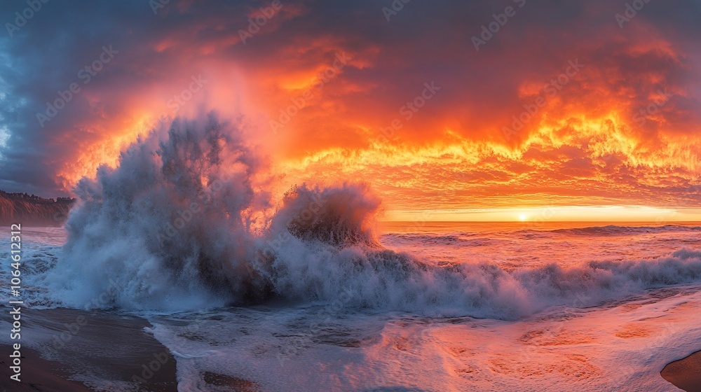 Fototapeta premium A powerful wave crashes on a sandy beach during a fiery sunset, creating a dramatic spectacle of nature's power.