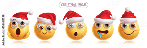 Christmas emoji characters vector set. Emoticons santa claus character in shocked, shy, amazed, lick, silly, hungry, happy and smiling facial expression wearing red hat 3d graphic elements character. 