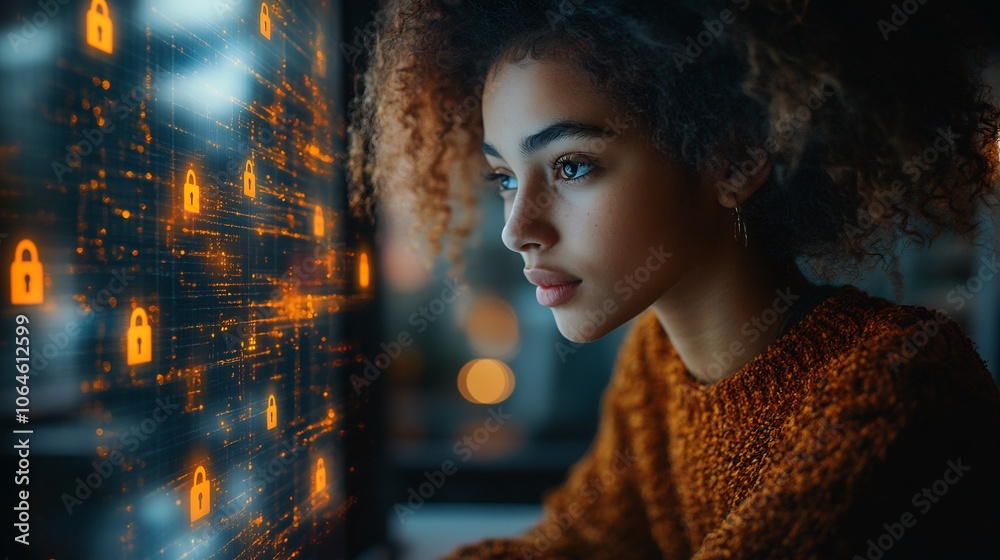 Fototapeta premium Young person learning online protection basics a laptop surrounded by security icons and glowing locks emphasizing selfeducation