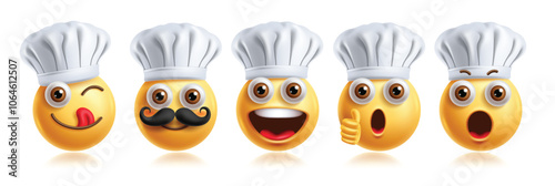 Emoji chef character emoticon vector set. Emoticons cook character in lick, happy, approved, shocked, amazed and smiling facial expression wearing chef hat 3d graphic elements character. Vector 