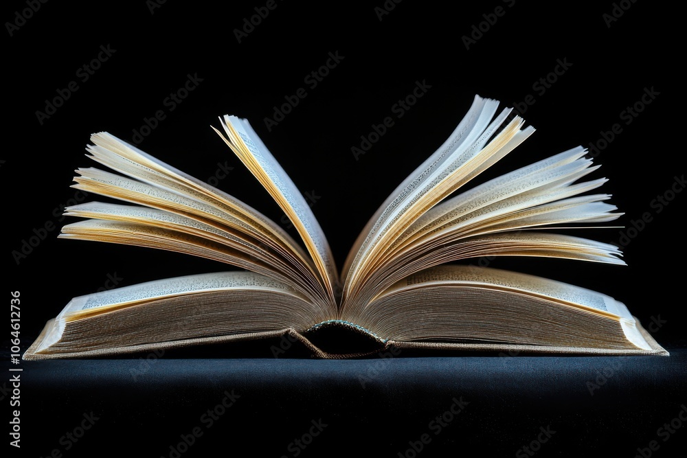 An open book displaying intricate page details against a dark background, highlighting its texture An open book displaying intricate page details against a dark background, highlighting its texture