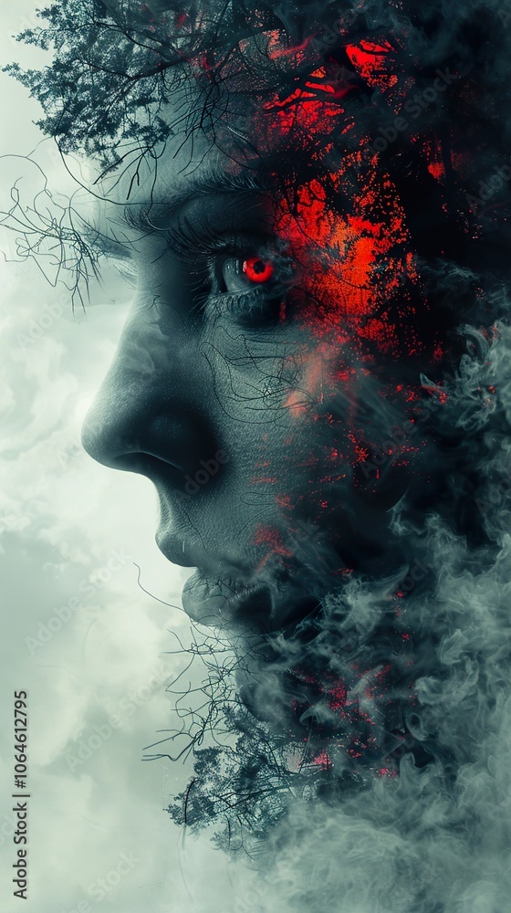 Surreal Portrait of a Woman with Red Eye and Smoke Surreal Portrait of a Woman with Red Eye and Smoke