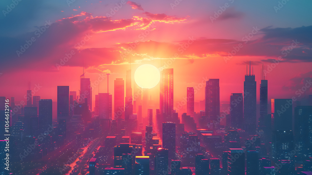 Futuristic city skyline at sunset for cyberpunk or urban themed designs Futuristic city skyline at sunset for cyberpunk or urban themed designs