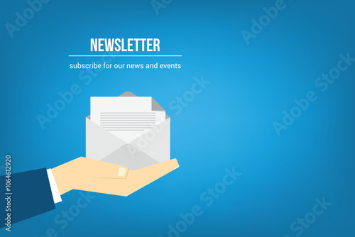 Newsletter. vector illustration of email marketing. subscription to newsletter, news, offers, promotions. a letter and envelope. subscribe, submit. send by mail.	