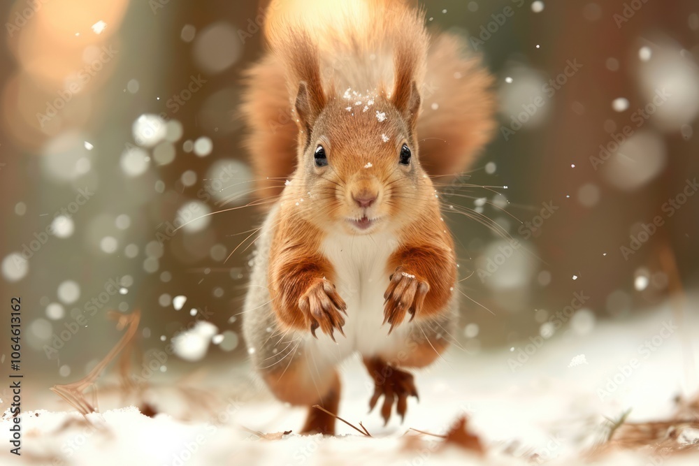 Jumping Red Squirrel in Winter Forest with Snowflakes - Wildlife Closeup Background Jumping Red Squirrel in Winter Forest with Snowflakes - Wildlife Closeup Background