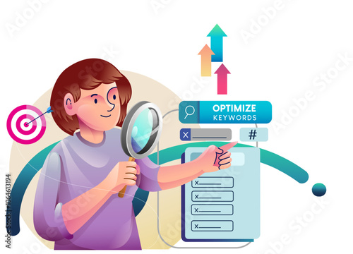 Obraz na płótnie Business concept illustrations. Seo analysis modern flat concept for web banner design. Woman analyst studies data, selects keywords and optimizes site for popular search queries w salonie