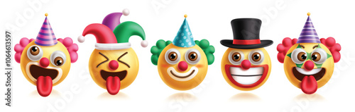 Emojis clowns birthday characters vector set. Emoticons clowns character in happy, funny, silly, naughty, smiling and surprise facial expression wearing colorful party hat 3d graphic elements 