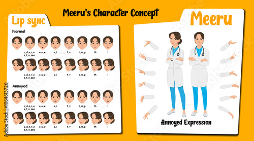 An annoyed radiologist cartoon character AKA Meeru.  Annoyed face expressions and lip sync. Set of radiologist cartoon with various hand gesture and front and 1/3 standing pose.