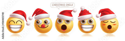 Emoji christmas santa claus characters vector set. Emoticons santa character in happy, funny, smiling, shocked, bored, silly and naughty facial expression wearing red hat 3d graphic elements character