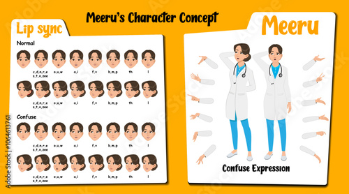 A confused radiologist cartoon character AKA Meeru. Female radiologist cartoon vector.  Set of radiologist cartoon in confused face expressions, lip sync various hand gesture and standing pose.