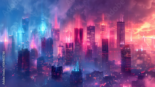 Futuristic cityscape with glowing neon lights and dynamic motion blur, themes of future cities, technology, and urban development, wide banner