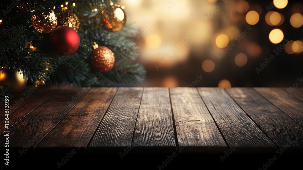 Wooden table top with blurred bokeh lights and pine tree leafs, Christmas holiday,product display,Merry christmas and Happy Holidays,Atmospheric christmas eve,space for text. Wooden table top with blurred bokeh lights and pine tree leafs, Christmas holiday,product display,Merry christmas and Happy Holidays,Atmospheric christmas eve,space for text.