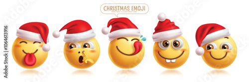 Emoji christmas emoticon characters vector set. Emoticons santa claus character in naughty, bored, uninterested, playful and happy facial expression wearing red hat 3d graphic elements character. 