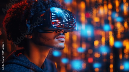 Virtual reality gamer surrounded glowing cyber security icons with secure data streams flowing between gaming devices and cloud servers