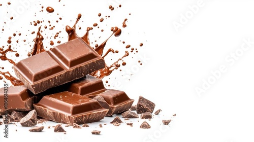 A photostock of splashing chocolate on a white background, rich and indulgent.