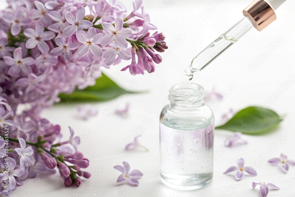 Lilac essential oil droplets falling gently into a clear glass bottle on a white background, perfume ingredients, fragrance, natural fragrances, botanicals Lilac essential oil droplets falling gently into a clear glass bottle on a white background, perfume ingredients, fragrance, natural fragrances, botanicals