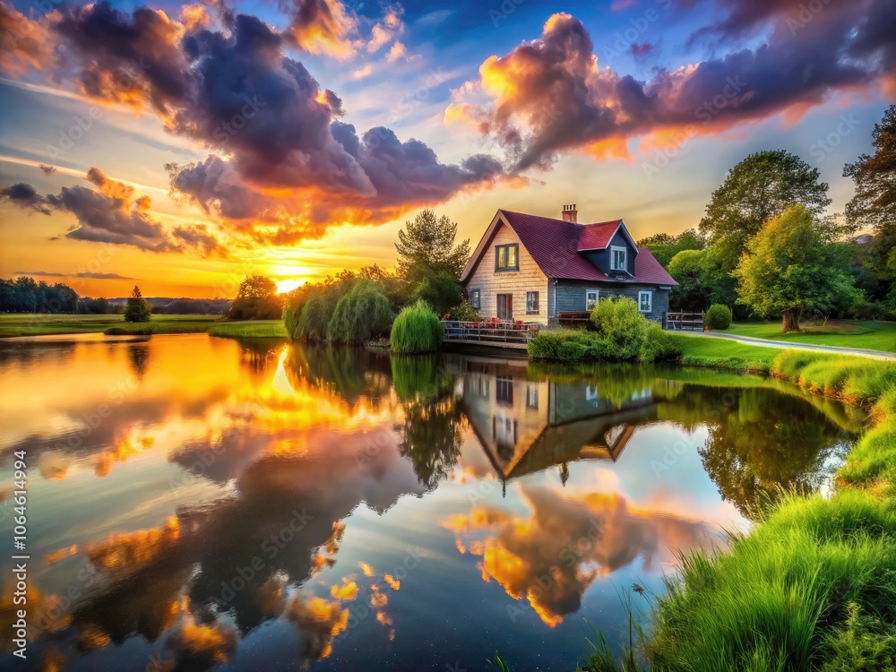 Charming Lakeside House at Sunset with Reflections and Colorful Clouds - Scenic View for Tranquil Nature Photography Charming Lakeside House at Sunset with Reflections and Colorful Clouds - Scenic View for Tranquil Nature Photography