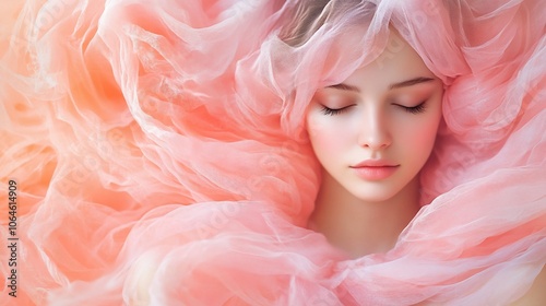 A young woman with closed eyes, wrapped in soft pink fabric, creates a dreamlike and delicate image.