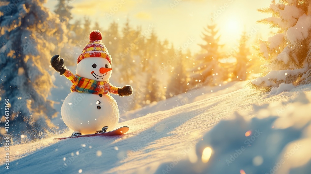 Fototapeta premium Snowman skiing down a snowy mountain slope.